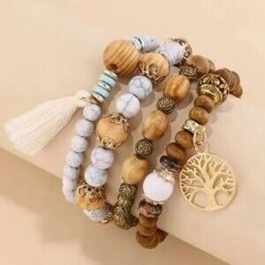 New Bohemian Beaded Layered 4 Strand Tree of Life Tassel Stretchy Bracelet Set